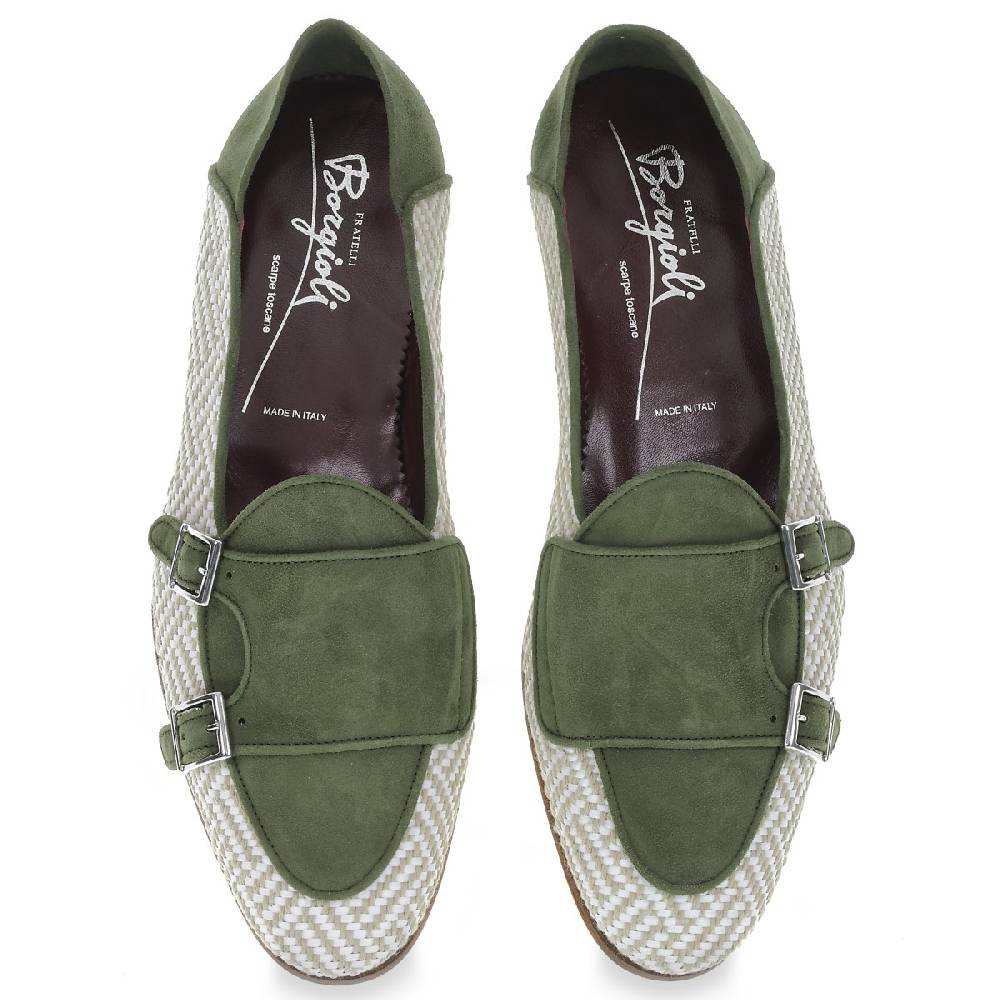 Lartigiano Del Cuoio Mocassino doppia fibbia in camoscio verde e tessuto intrecciato - Fratelli Borgioli Moda