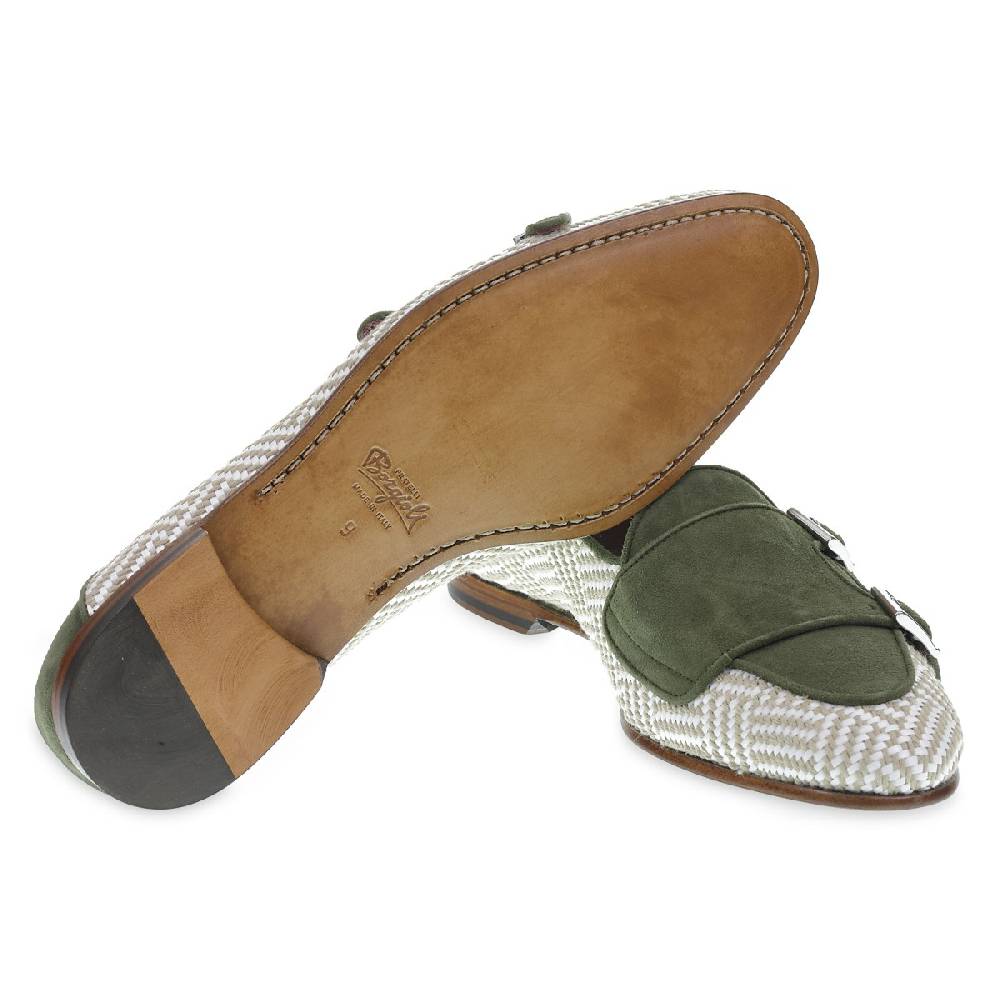 Lartigiano Del Cuoio Mocassino doppia fibbia in camoscio verde e tessuto intrecciato - Fratelli Borgioli Moda