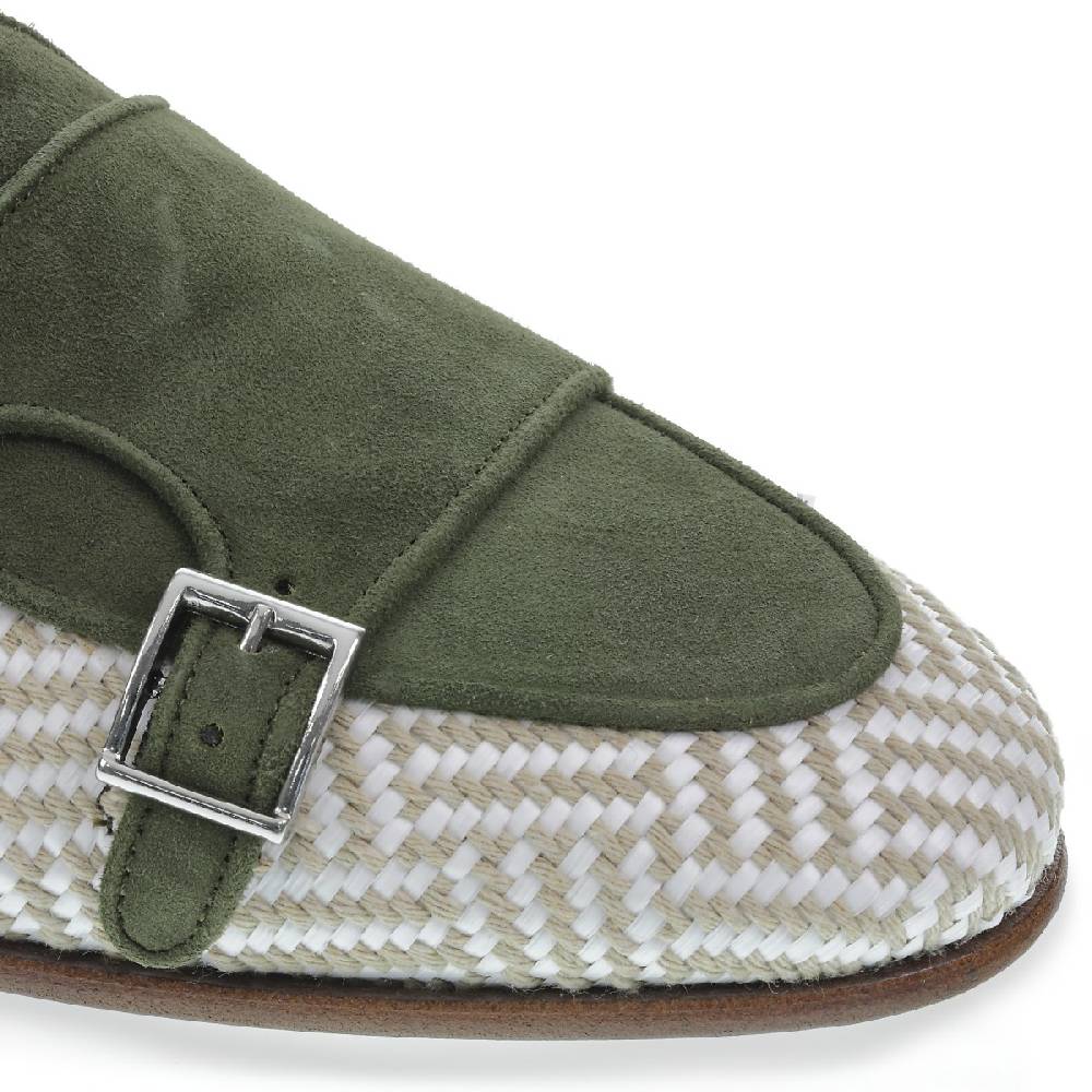 Lartigiano Del Cuoio Mocassino doppia fibbia in camoscio verde e tessuto intrecciato - Fratelli Borgioli Moda