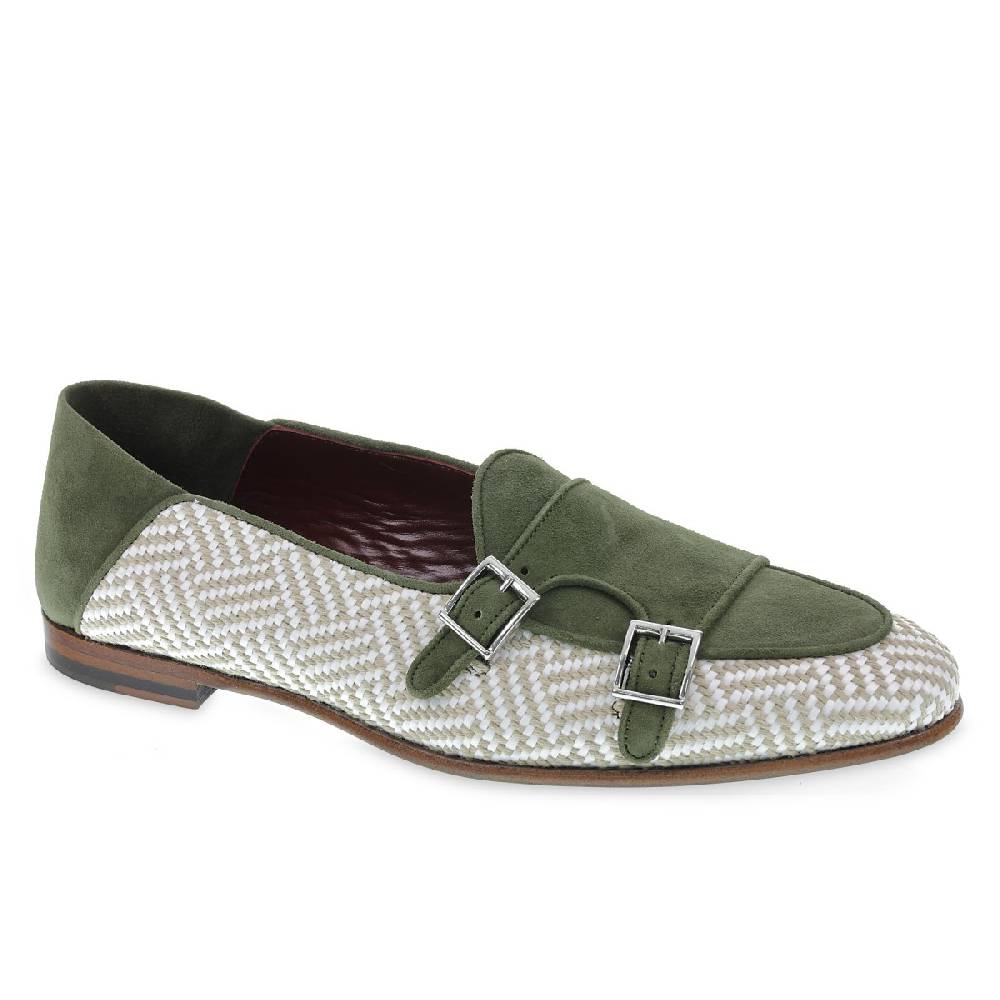 Lartigiano Del Cuoio Mocassino doppia fibbia in camoscio verde e tessuto intrecciato - Fratelli Borgioli Moda