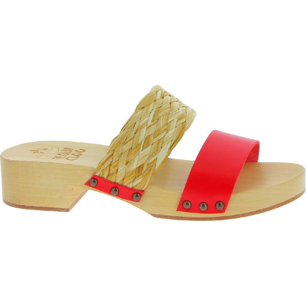 Lartigiano Del Cuoio Sabot in legno da donna artigianali con fascia in rafia e pelle rossa Affare Del Giorno