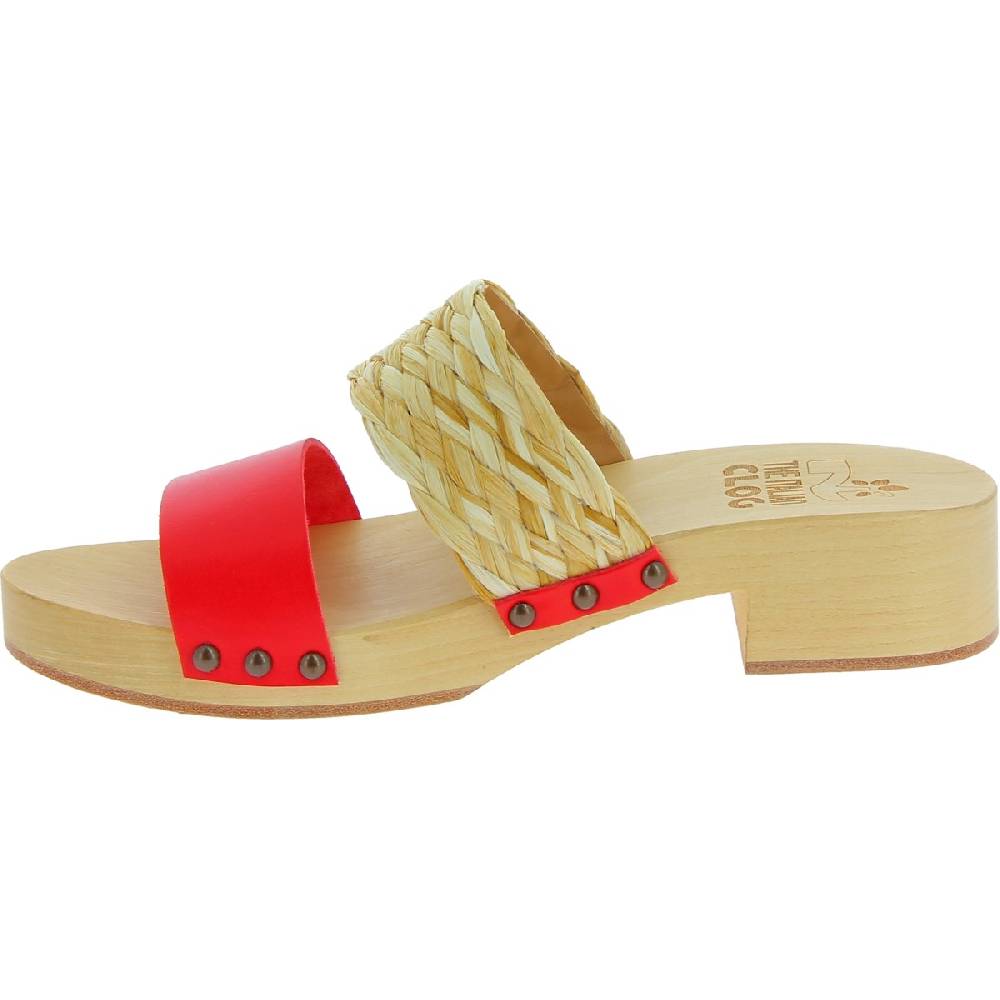 Lartigiano Del Cuoio Sabot in legno da donna artigianali con fascia in rafia e pelle rossa Affare Del Giorno