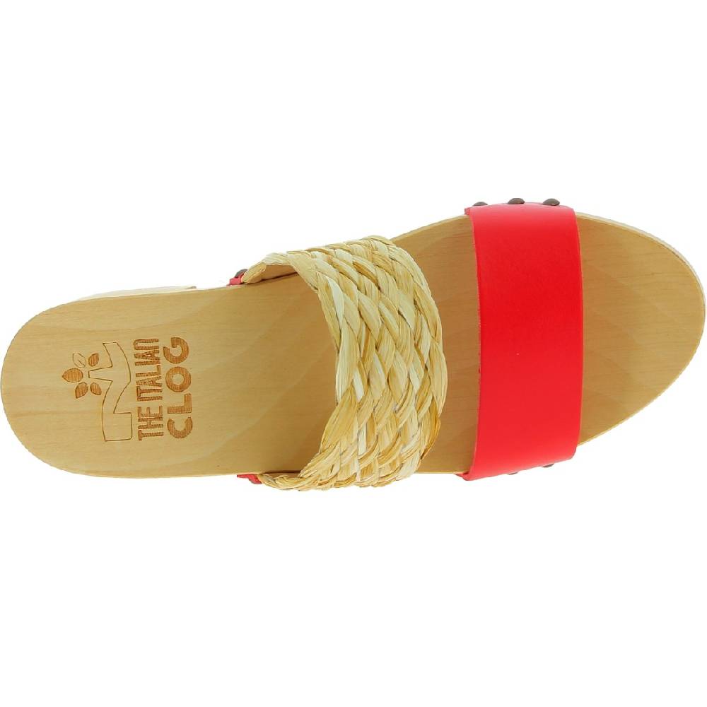 Lartigiano Del Cuoio Sabot in legno da donna artigianali con fascia in rafia e pelle rossa Affare Del Giorno