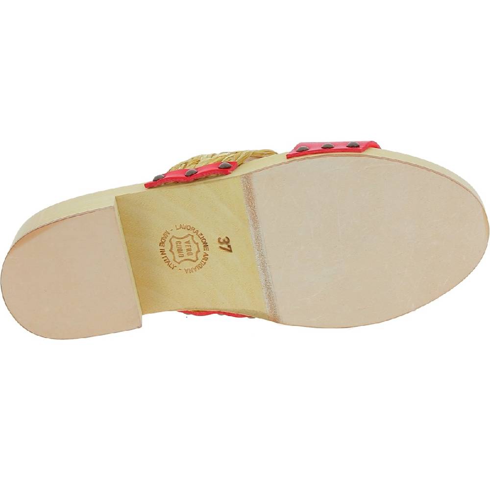 Lartigiano Del Cuoio Sabot in legno da donna artigianali con fascia in rafia e pelle rossa Affare Del Giorno