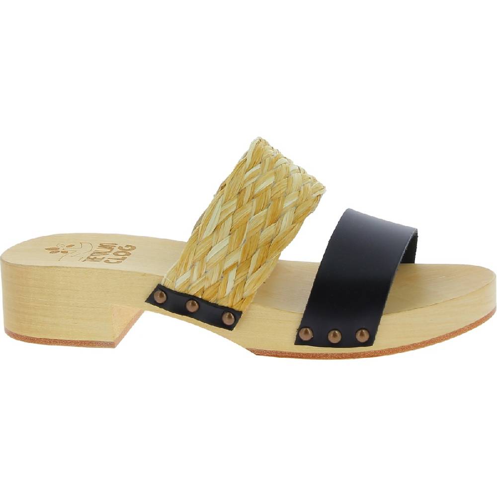 Lartigiano Del Cuoio Sabot da donna in legno artigianali con fascia in rafia e pelle nero In Saldo