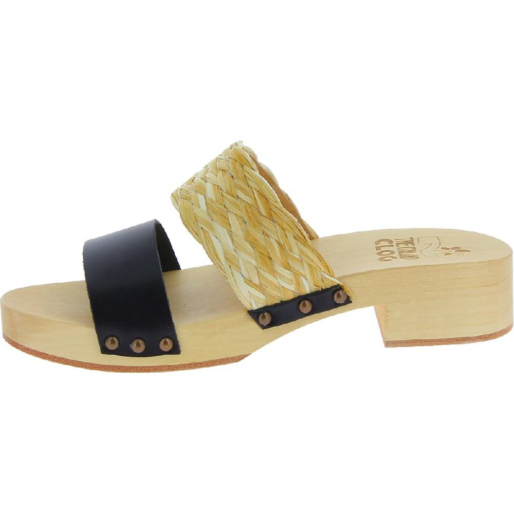 Lartigiano Del Cuoio Sabot da donna in legno artigianali con fascia in rafia e pelle nero In Saldo