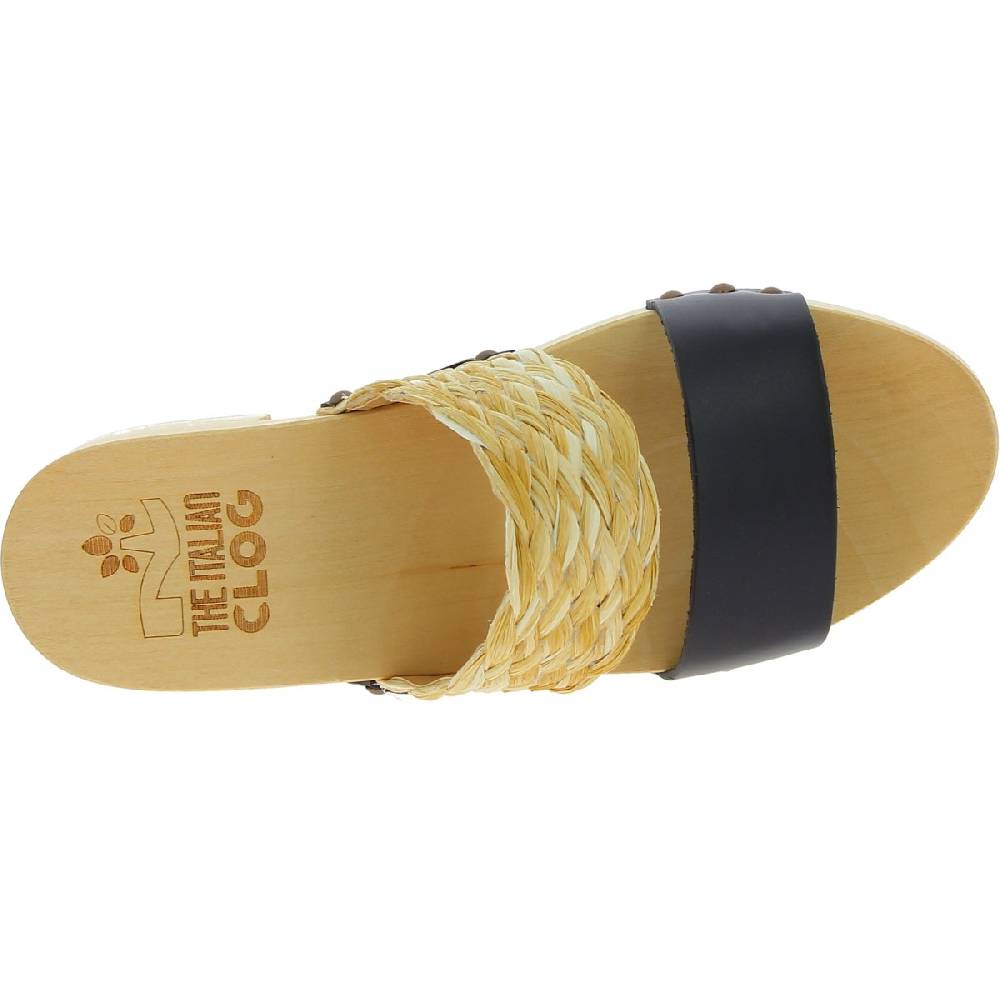 Lartigiano Del Cuoio Sabot da donna in legno artigianali con fascia in rafia e pelle nero In Saldo