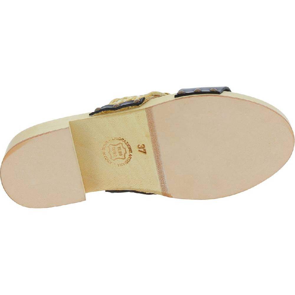 Lartigiano Del Cuoio Sabot da donna in legno artigianali con fascia in rafia e pelle nero In Saldo