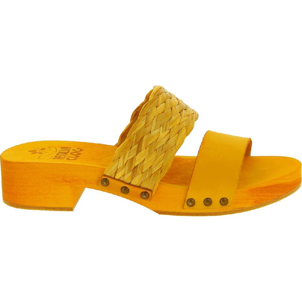 Lartigiano Del Cuoio Sabot da donna giallo in legno artigianali con fascia in rafia e pelle Presa