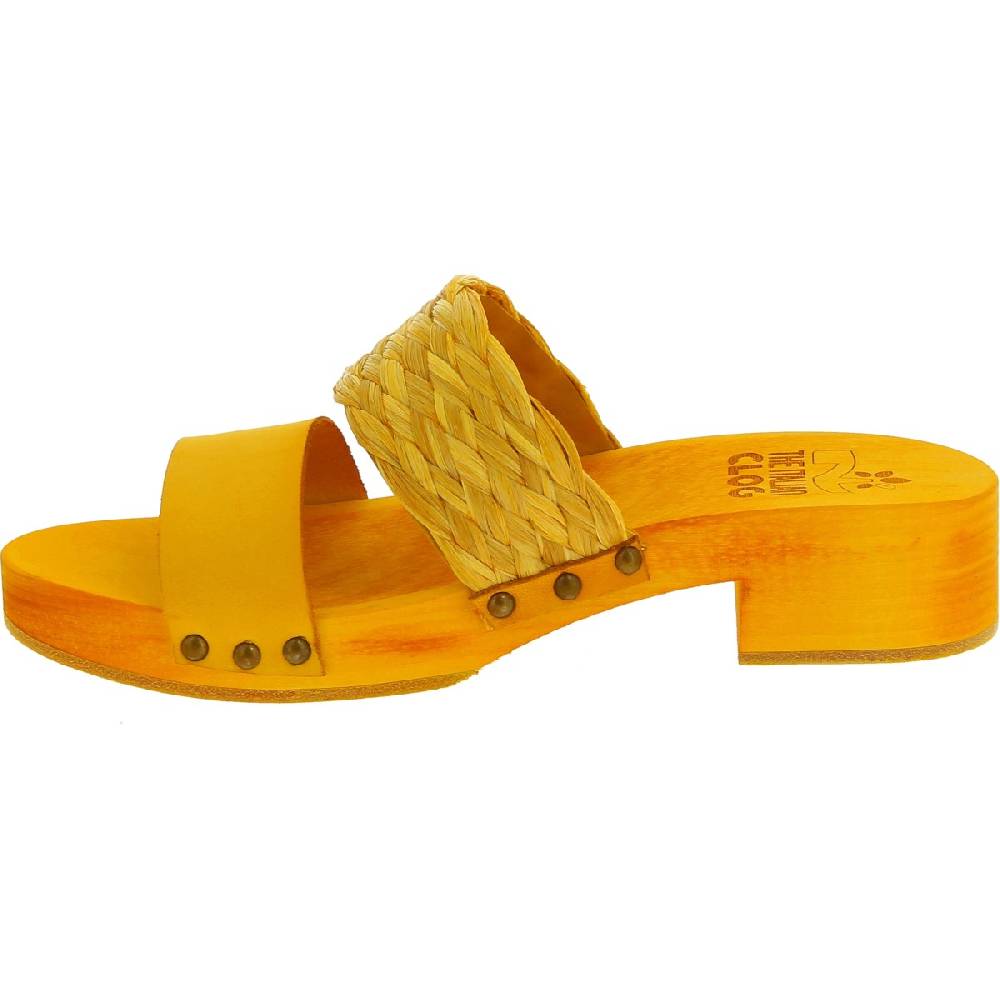 Lartigiano Del Cuoio Sabot da donna giallo in legno artigianali con fascia in rafia e pelle Presa
