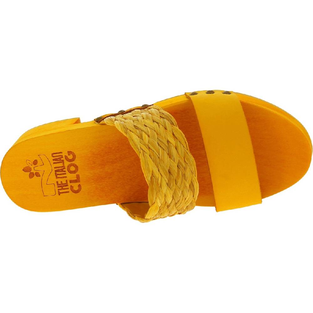 Lartigiano Del Cuoio Sabot da donna giallo in legno artigianali con fascia in rafia e pelle Presa