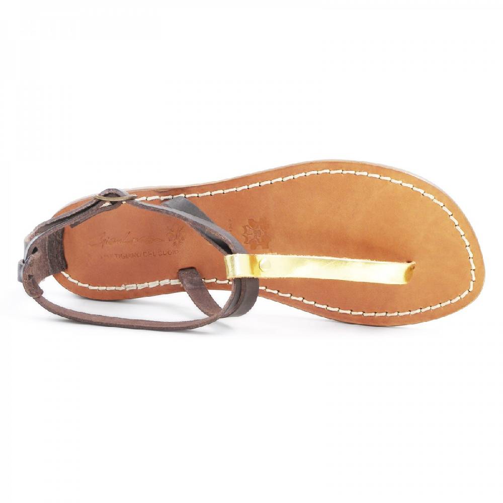 Lartigiano Del Cuoio Sandali infradito donna in pelle bicolore marrone e oro Vendite Flash