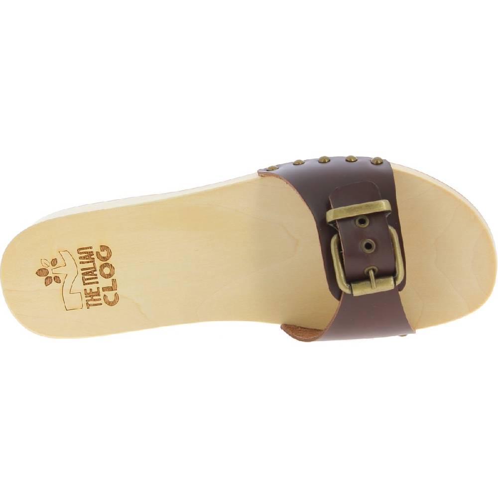 Lartigiano Del Cuoio Zoccoli in legno uomo con fascia regolabile in pelle marrone scuro Nuovo