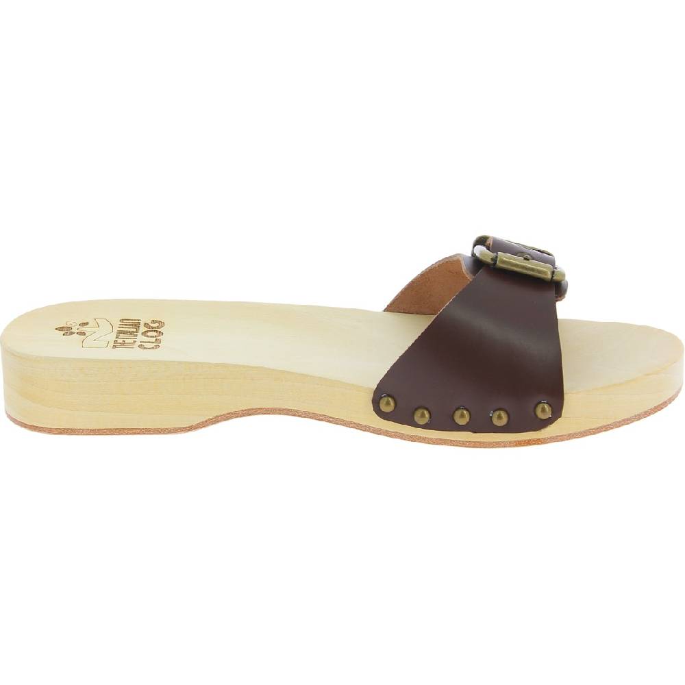 Lartigiano Del Cuoio Zoccoli in legno uomo con fascia regolabile in pelle marrone scuro Nuovo