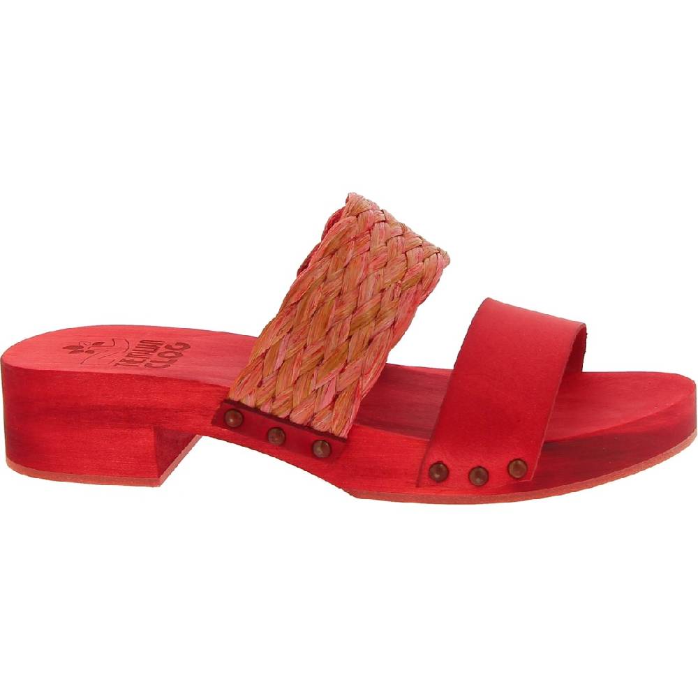 Lartigiano Del Cuoio Sabot da donna rosso in legno artigianali con fascia in rafia e pelle Promozione Limitata