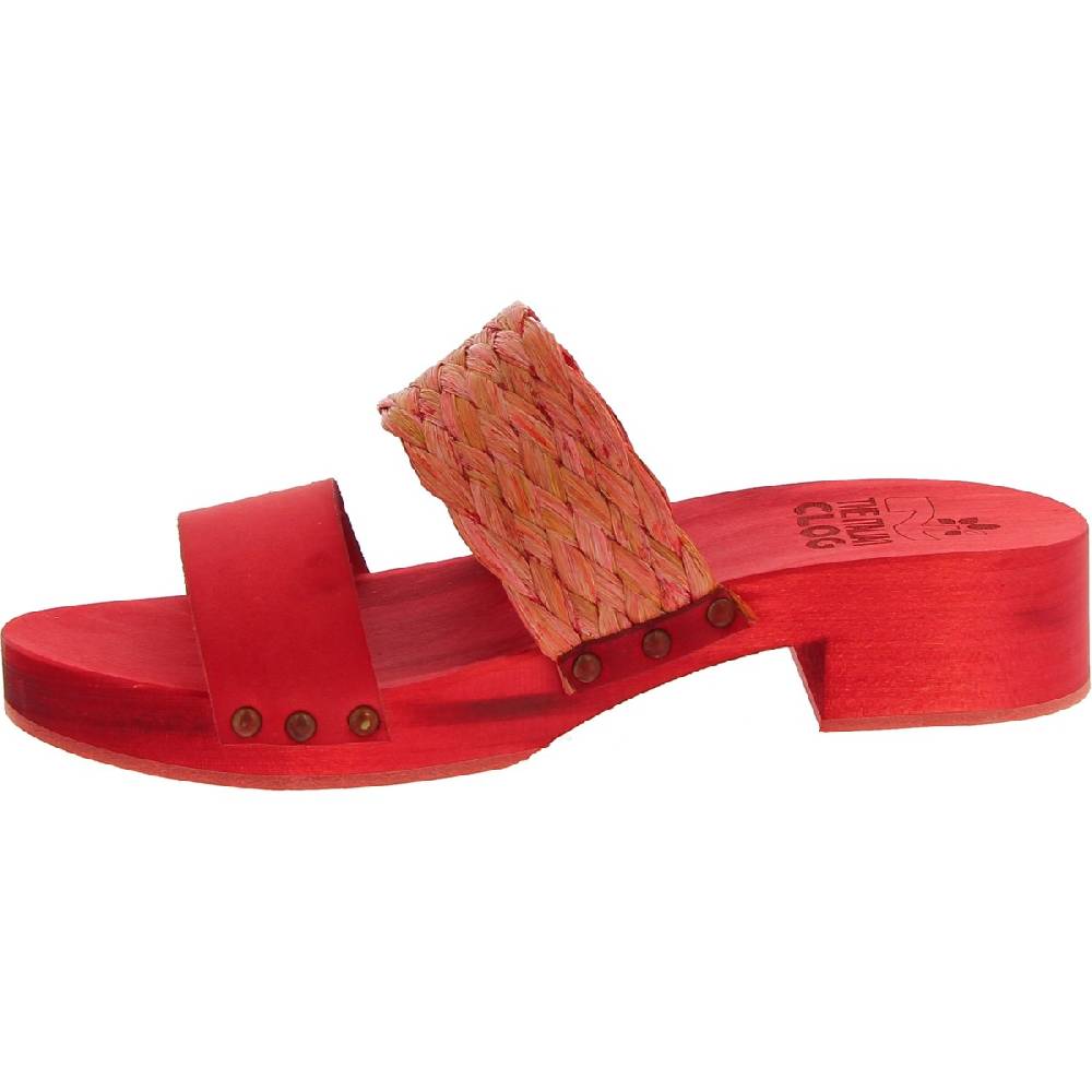 Lartigiano Del Cuoio Sabot da donna rosso in legno artigianali con fascia in rafia e pelle Promozione Limitata