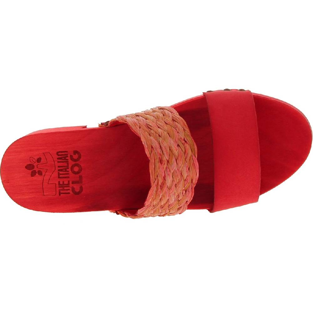 Lartigiano Del Cuoio Sabot da donna rosso in legno artigianali con fascia in rafia e pelle Promozione Limitata