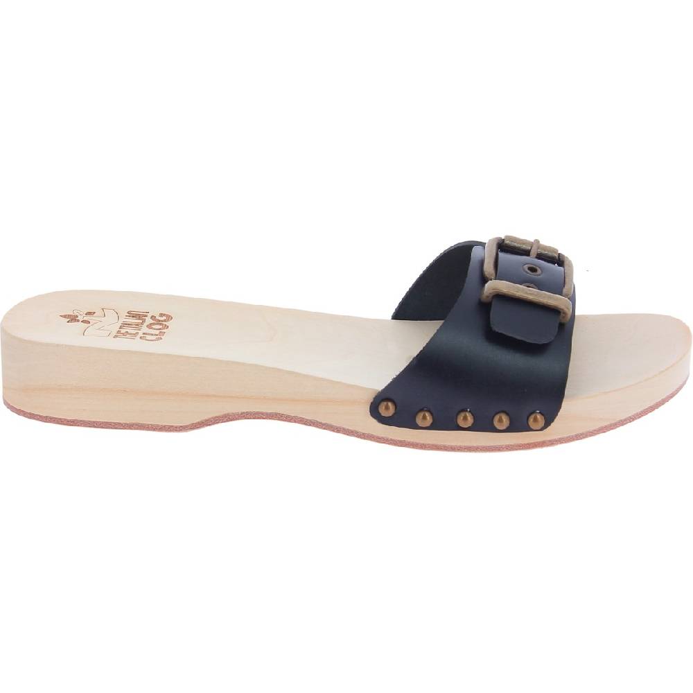 Lartigiano Del Cuoio Zoccoli di legno artigianali da donna con fascia regolabile in pelle nera Sconto