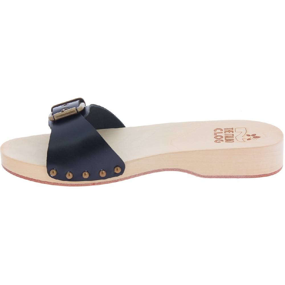 Lartigiano Del Cuoio Zoccoli di legno artigianali da donna con fascia regolabile in pelle nera Sconto