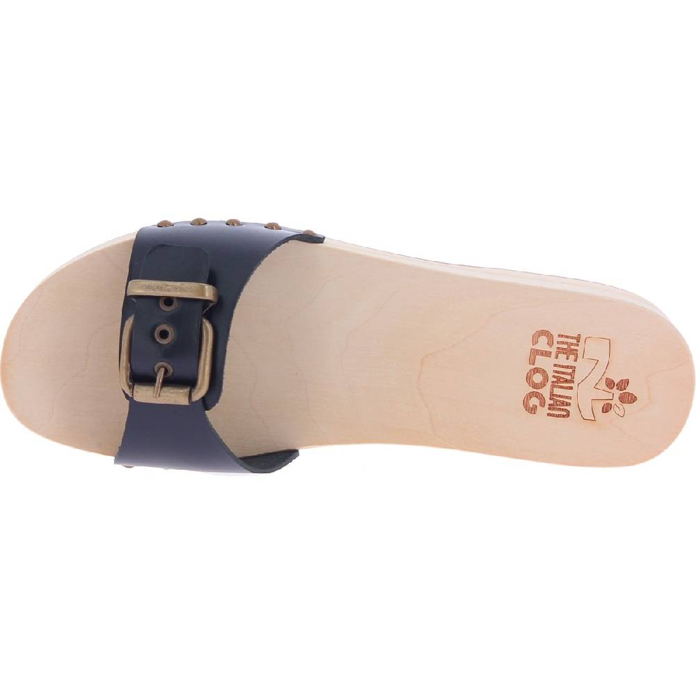 Lartigiano Del Cuoio Zoccoli di legno artigianali da donna con fascia regolabile in pelle nera Sconto