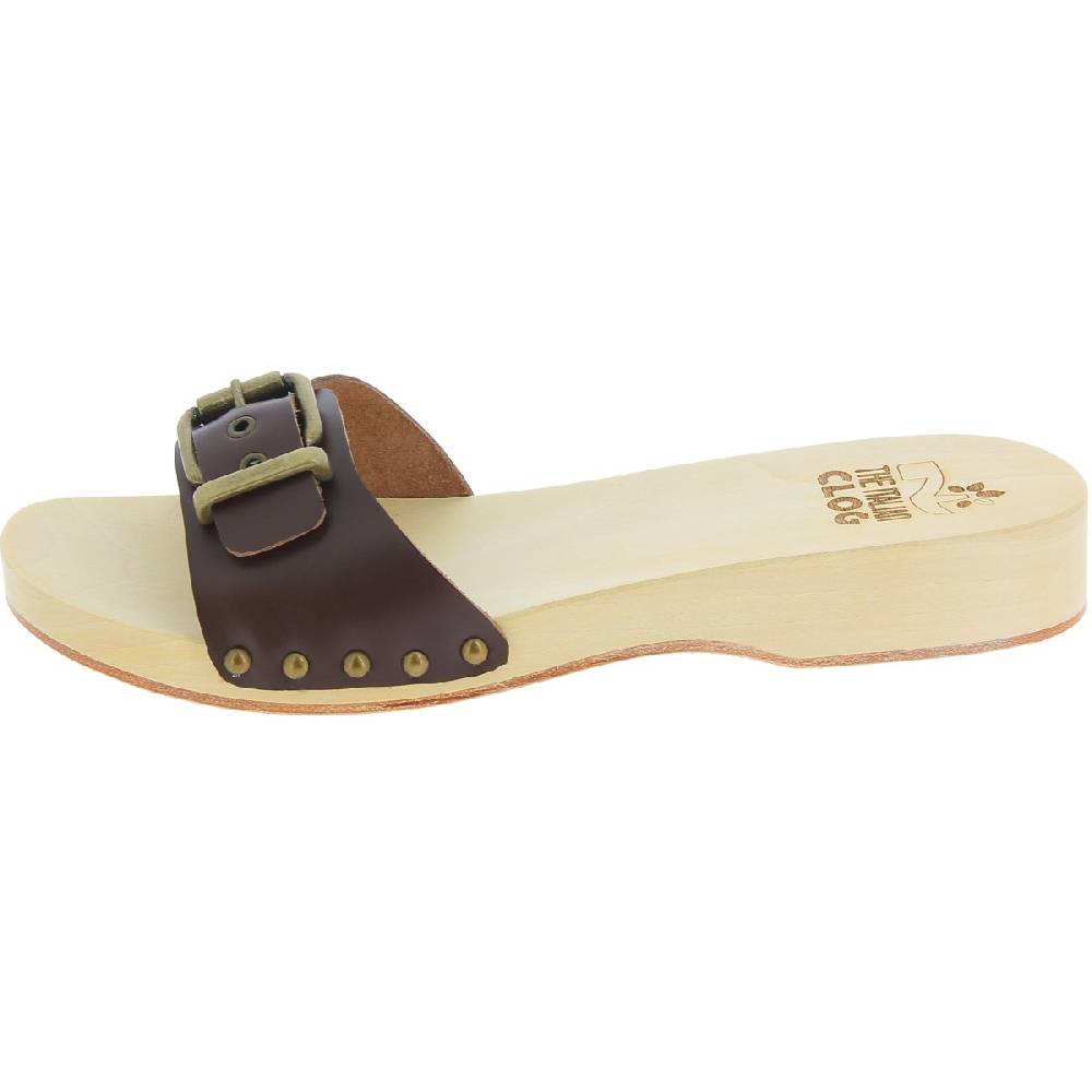 Lartigiano Del Cuoio Zoccoli in legno donna con fascia regolabile in pelle marrone scuro In Vendita