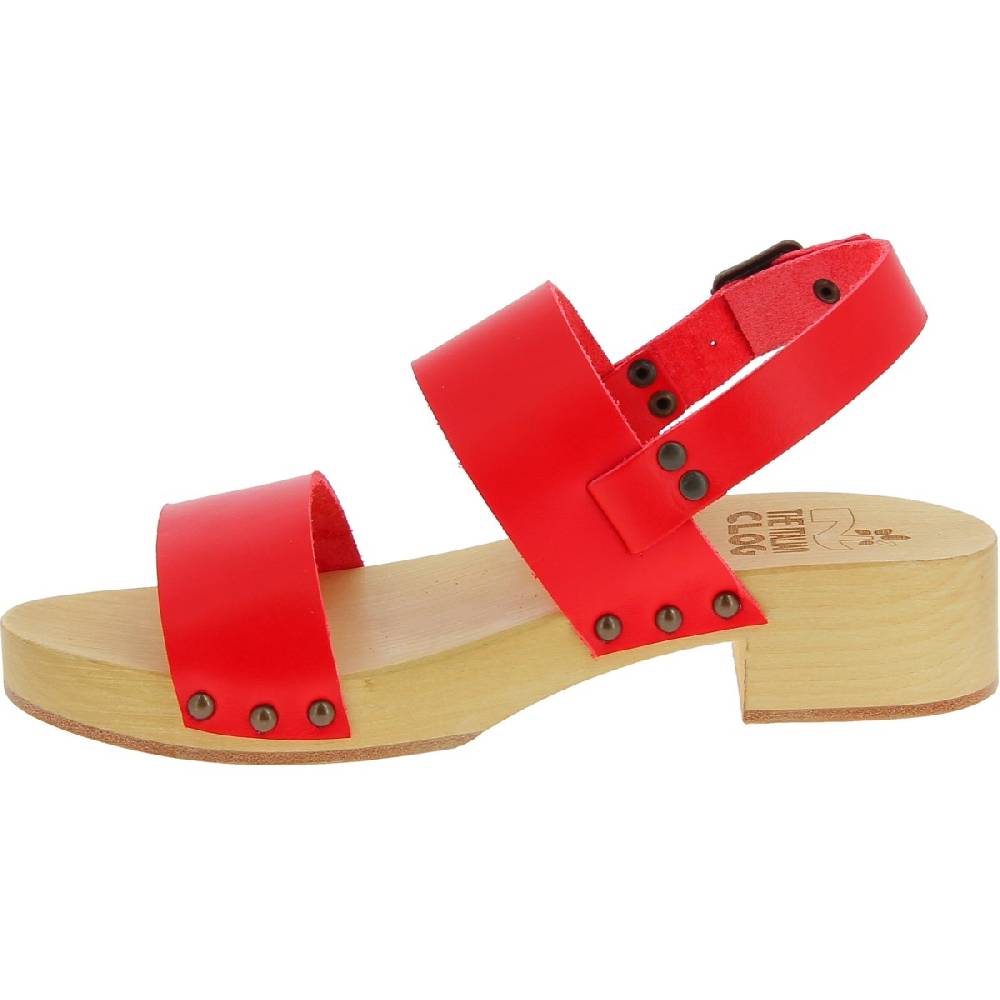 Lartigiano Del Cuoio Zoccoli donna in legno con fasce in pelle rossa Promozione Limitata