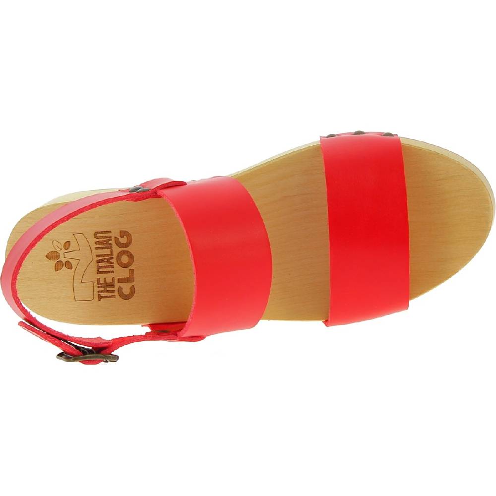 Lartigiano Del Cuoio Zoccoli donna in legno con fasce in pelle rossa Promozione Limitata