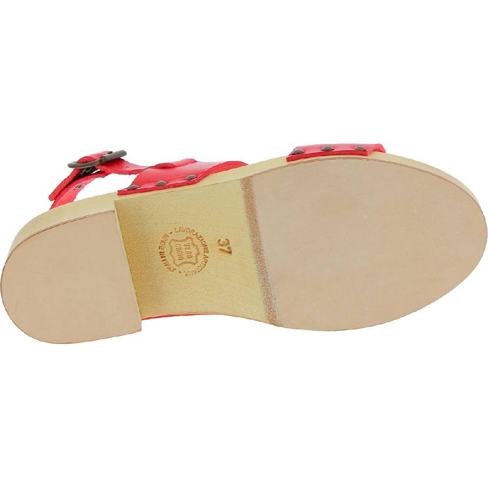 Lartigiano Del Cuoio Zoccoli donna in legno con fasce in pelle rossa Promozione Limitata