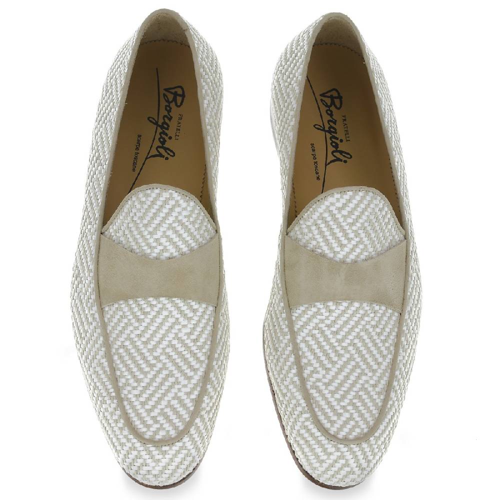 Lartigiano Del Cuoio Mocassino penny in camoscio e tessuto intrecciato bianco e beige In Saldo