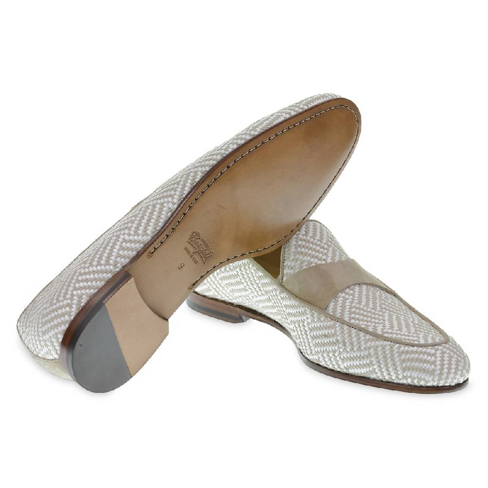 Lartigiano Del Cuoio Mocassino penny in camoscio e tessuto intrecciato bianco e beige In Saldo