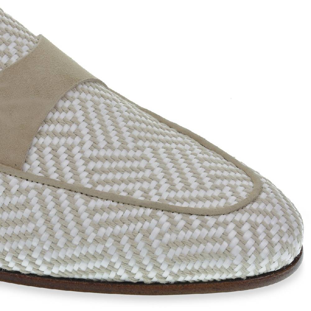 Lartigiano Del Cuoio Mocassino penny in camoscio e tessuto intrecciato bianco e beige In Saldo