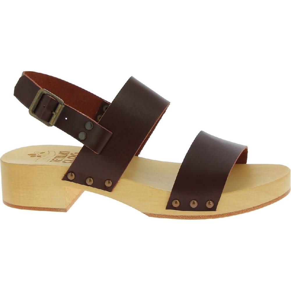 Lartigiano Del Cuoio Zoccoli donna in legno con fasce in pelle marrone scuro Italia