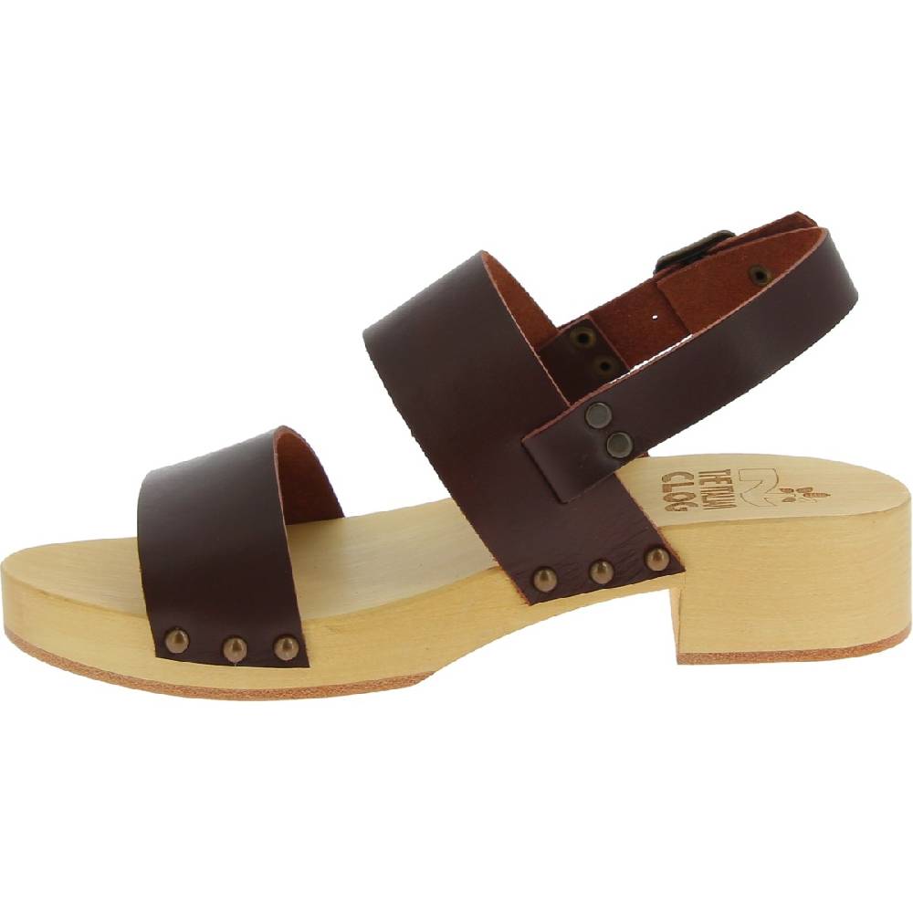 Lartigiano Del Cuoio Zoccoli donna in legno con fasce in pelle marrone scuro Italia