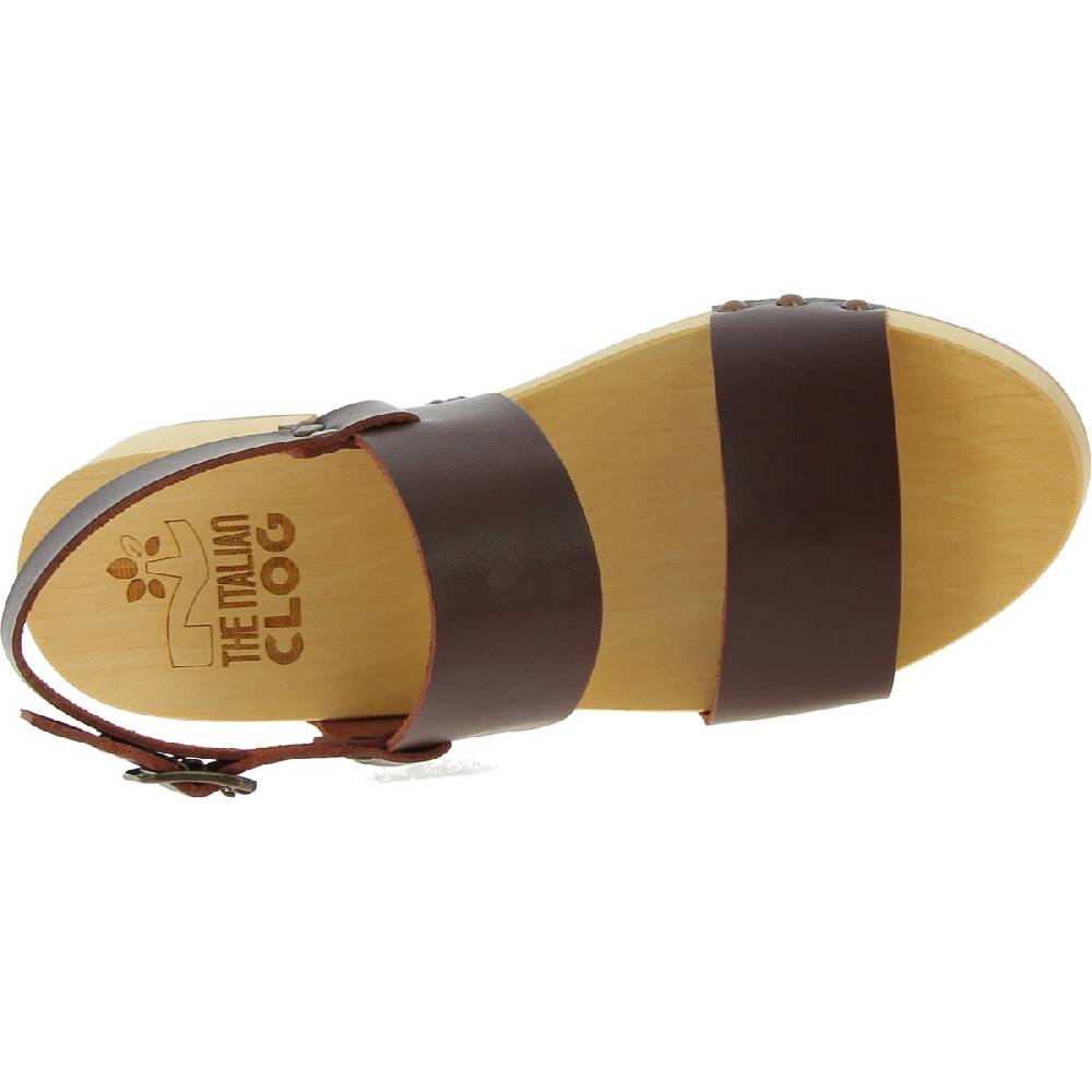 Lartigiano Del Cuoio Zoccoli donna in legno con fasce in pelle marrone scuro Italia