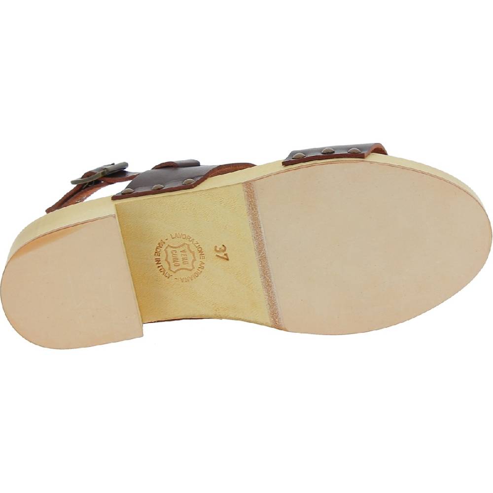 Lartigiano Del Cuoio Zoccoli donna in legno con fasce in pelle marrone scuro Italia