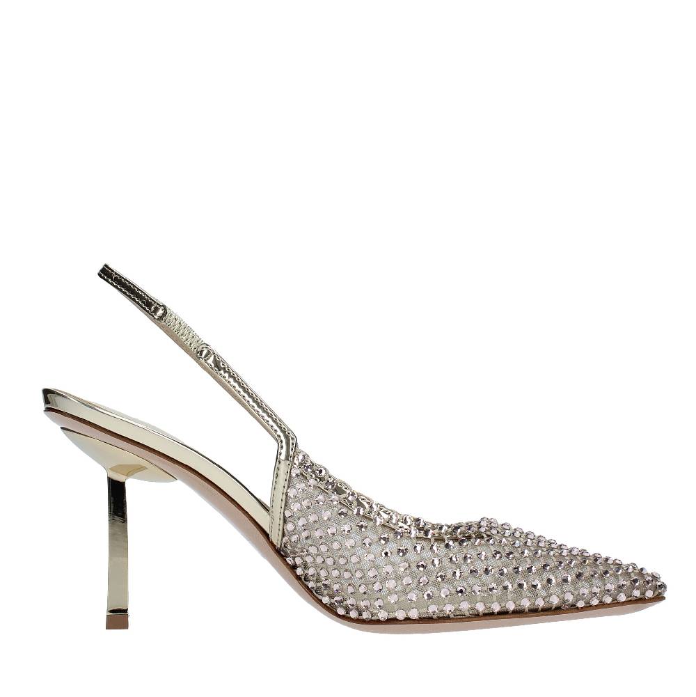 LE SILLA Décolleté Slingback modello GILDA in pelle e rete argentata, ulteriormente impreziosita da cristalli Spedizione Gratuita