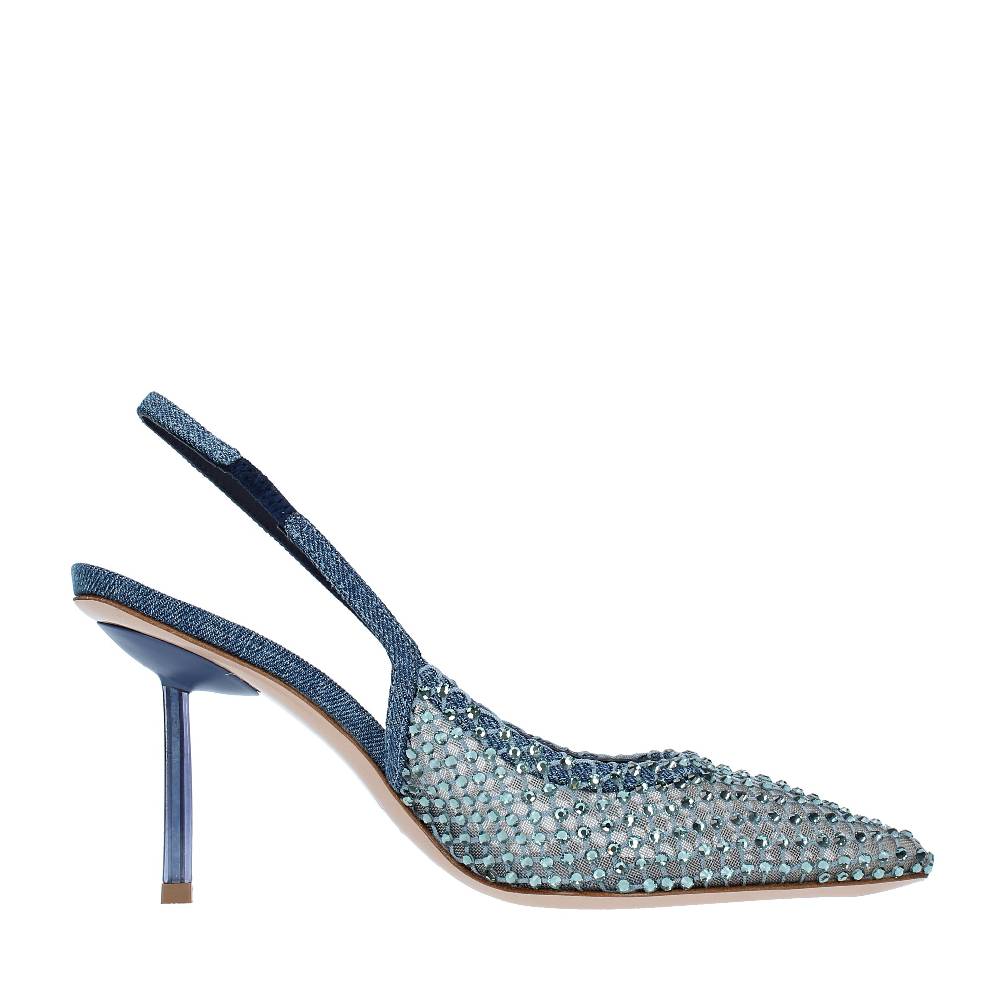 LE SILLA Décolleté Slingback modello GILDA in tessuto e rete argentata, ulteriormente impreziosita da cristalli Online