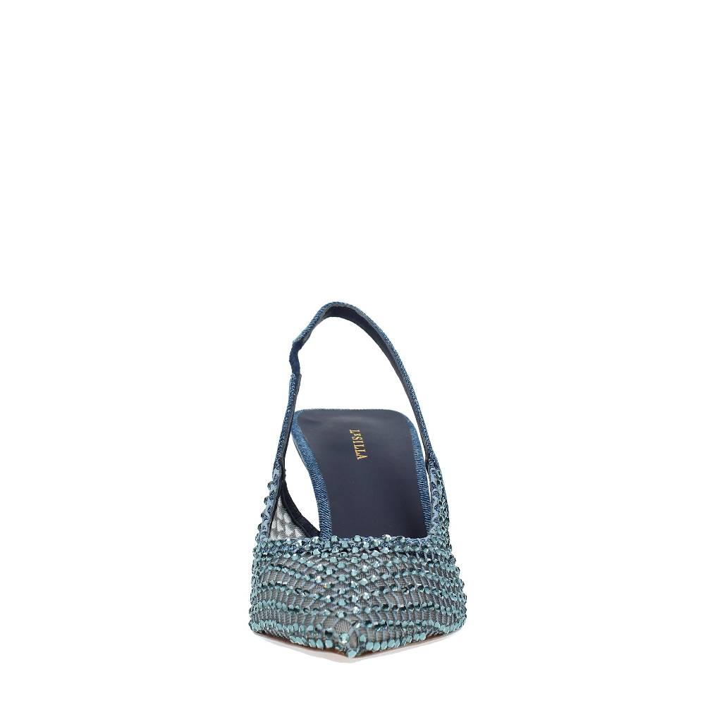 LE SILLA Décolleté Slingback modello GILDA in tessuto e rete argentata, ulteriormente impreziosita da cristalli Online