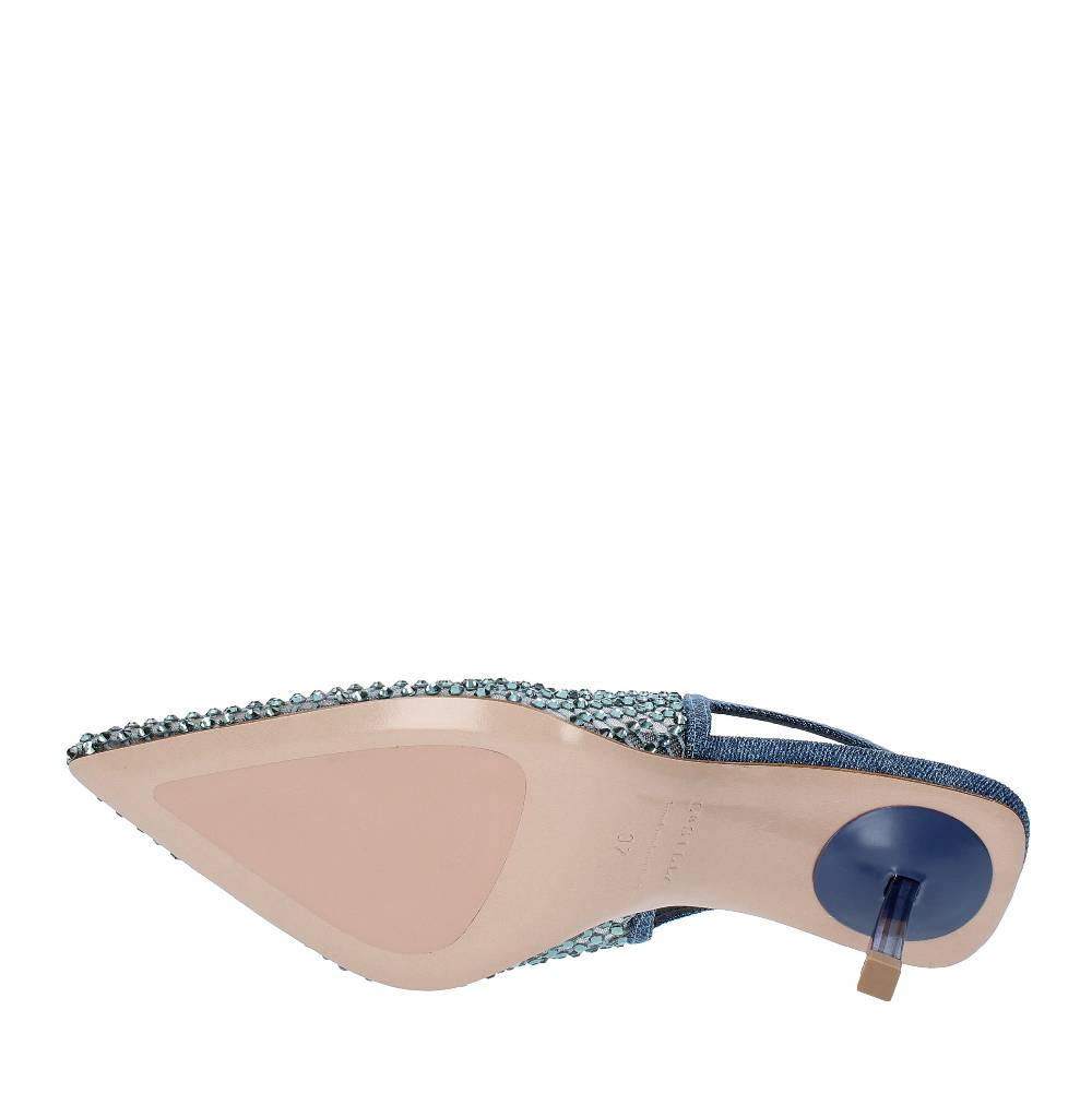 LE SILLA Décolleté Slingback modello GILDA in tessuto e rete argentata, ulteriormente impreziosita da cristalli Online