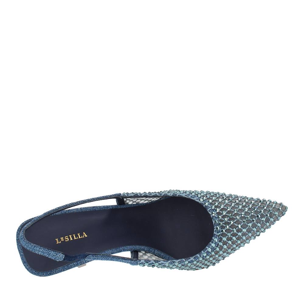 LE SILLA Décolleté Slingback modello GILDA in tessuto e rete argentata, ulteriormente impreziosita da cristalli Online