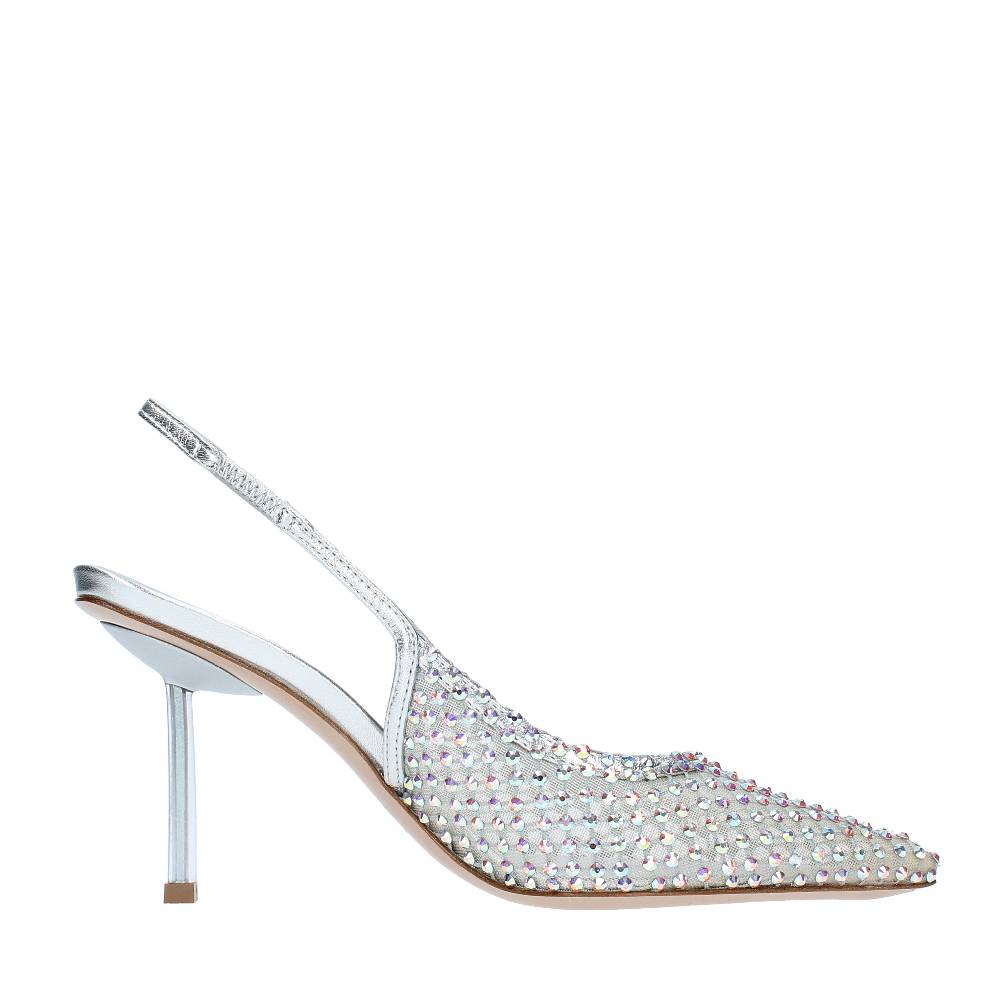 LE SILLA Décolleté Slingback modello GILDA in pelle e rete argentata, ulteriormente impreziosita da cristalli Vendita Economica