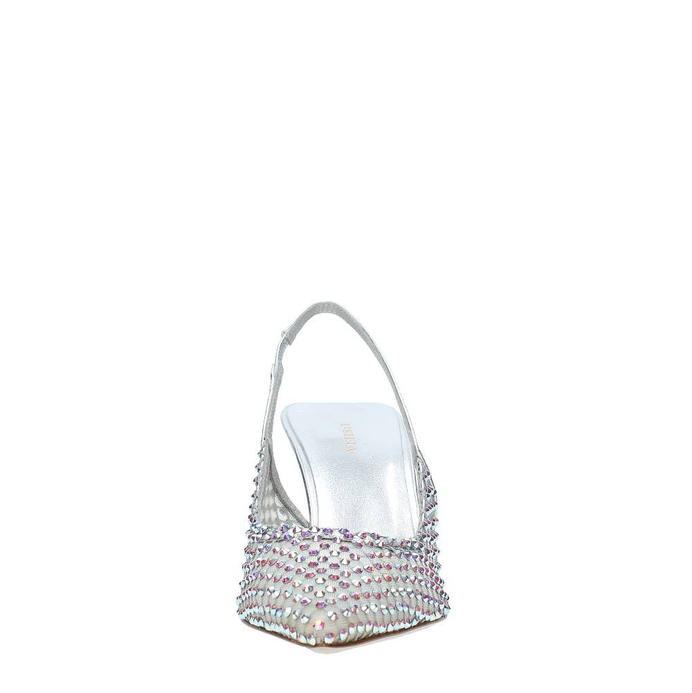 LE SILLA Décolleté Slingback modello GILDA in pelle e rete argentata, ulteriormente impreziosita da cristalli Vendita Economica
