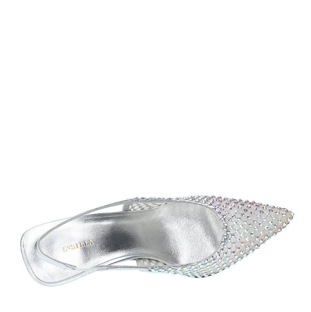 LE SILLA Décolleté Slingback modello GILDA in pelle e rete argentata, ulteriormente impreziosita da cristalli Vendita Economica