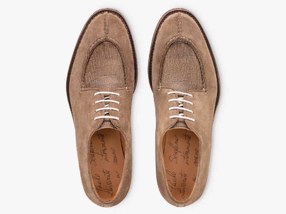 Paolo Sartori Art. 797 Derby in Cocco Suede and Shark Leather In Vendita