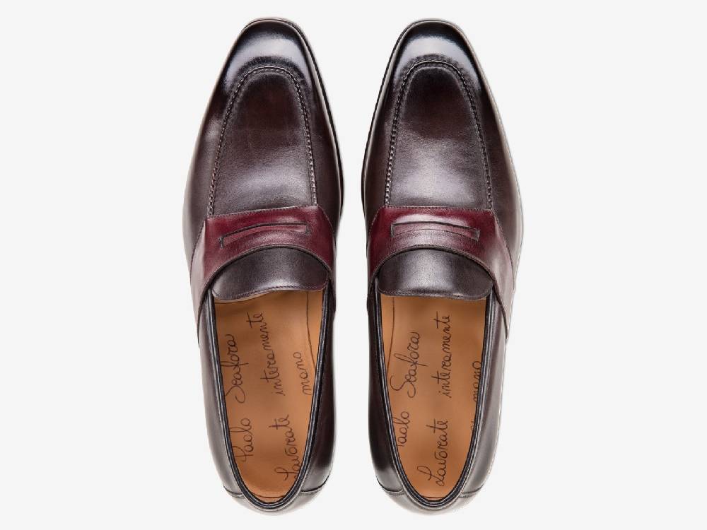 Paolo Sartori ART. 729 Loafer in Antiqued Vietri, Bordeaux and Black Leather Soddisfazione Garantita
