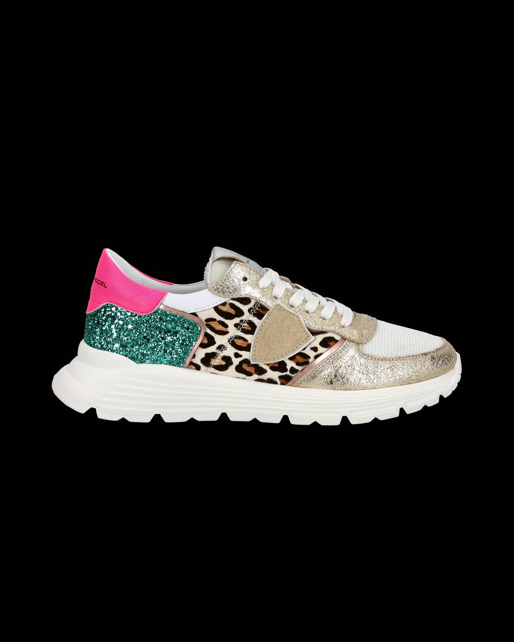 Philippe Model Sneakers basse Trpx Haute da Ragazzo in pelle e glitter, Bianco Verde In Vendita