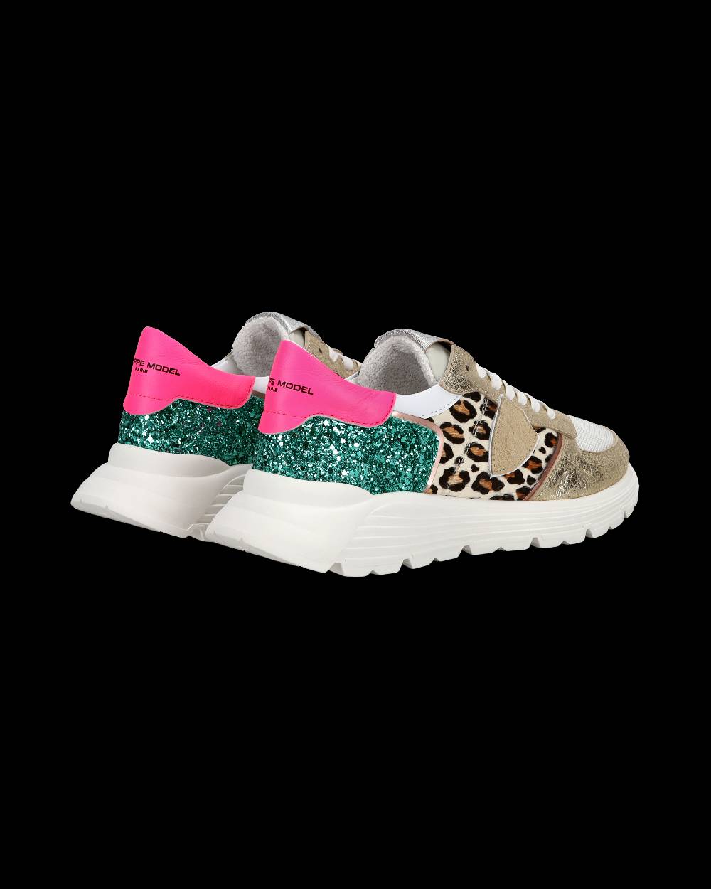 Philippe Model Sneakers basse Trpx Haute da Ragazzo in pelle e glitter, Bianco Verde In Vendita