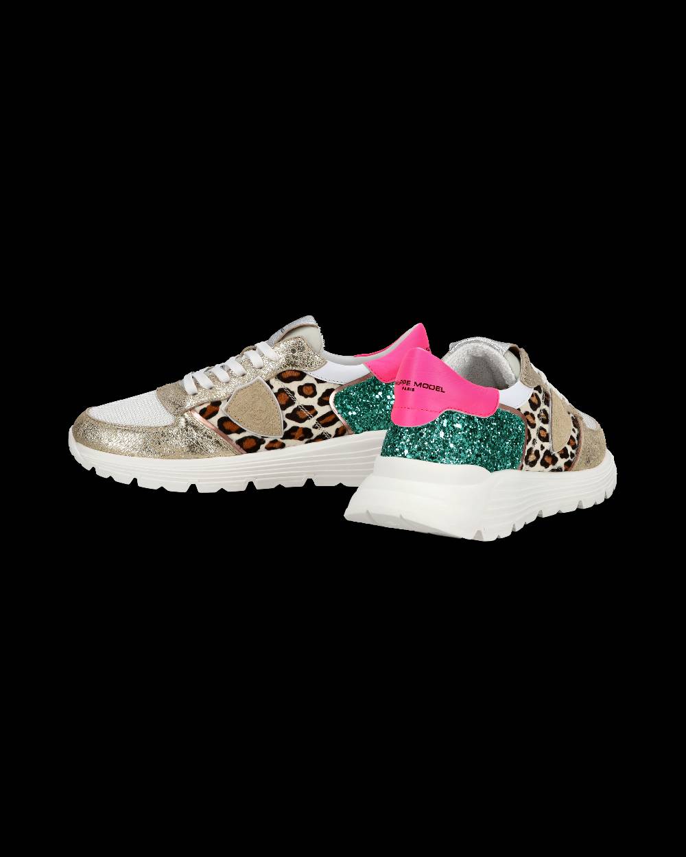 Philippe Model Sneakers basse Trpx Haute da Ragazzo in pelle e glitter, Bianco Verde In Vendita