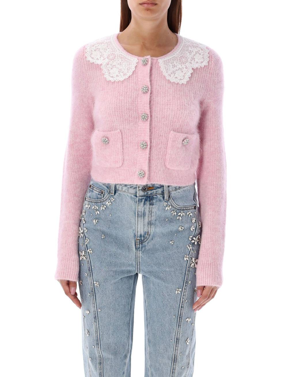 SELF PORTRAIT  Cardigan Angora Rosa con Colletto in Pizzo Self-Portrait