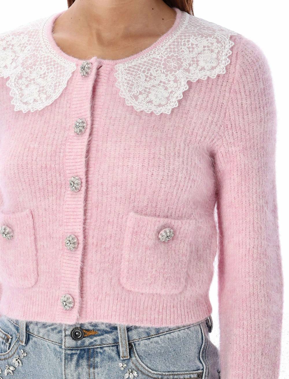 SELF PORTRAIT  Cardigan Angora Rosa con Colletto in Pizzo Self-Portrait Hotsell